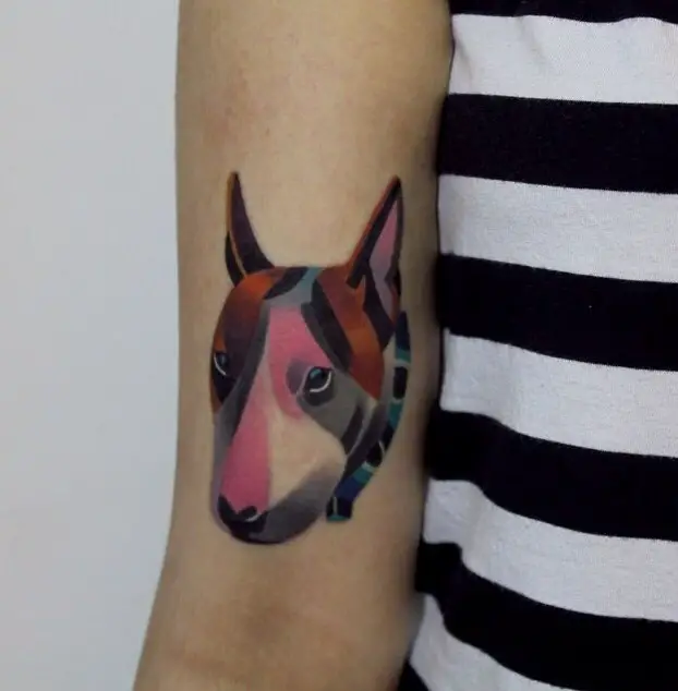artistic English Bull Terrier tattoo on the biceps of a man