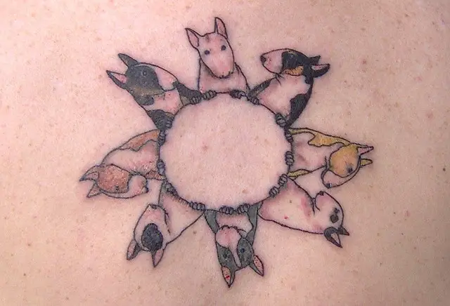 a circle with varieties of a English Bull Terrier around it tattoo