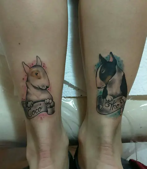 English Bull Terriers tattoo on the lower leg of a woman