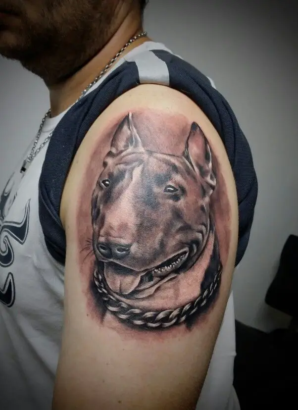 a 3D face of a English Bull Terrier tattoo on the shoulder