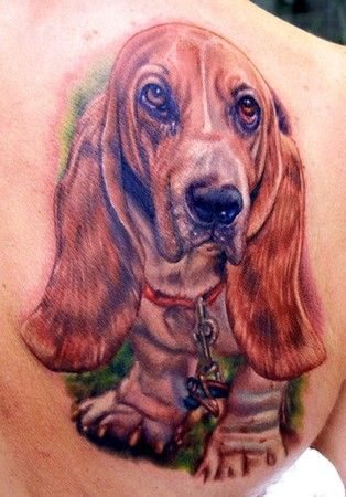 3D Basset Hound Tattoo on the back