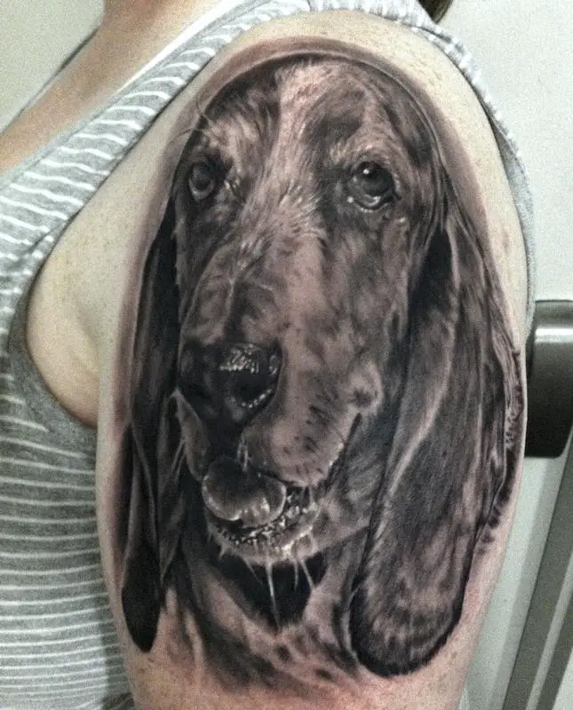 3D face of Basset Hound Tattoo on the shoulder