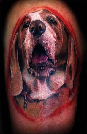 3D face of Basset Hound opening its mouth Tattoo