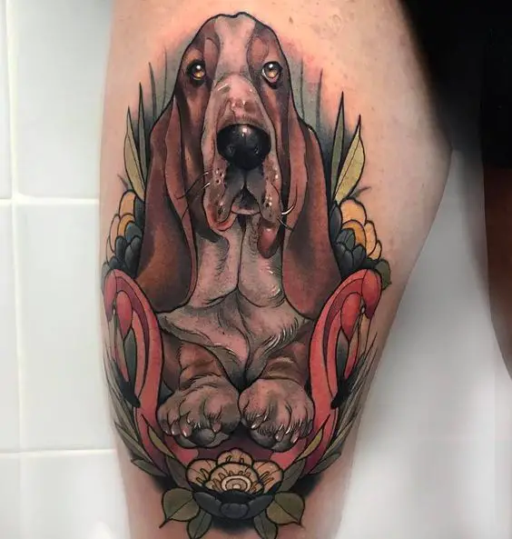 Basset Hound lying down in the garden 3D tattoo on the leg