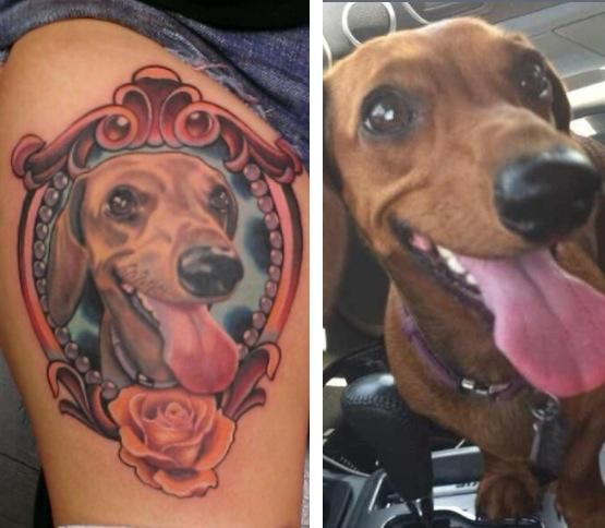 smiling Dachshund with its tongue sticking out in a vintage frame tattoo on thighs