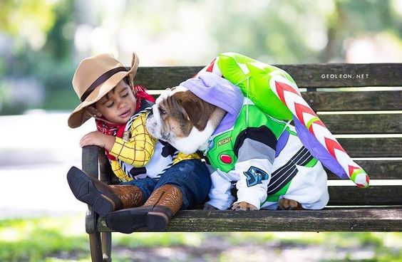 English Bulldog in buzz lightyear costume sitting on the chair with a kid in woody costumr