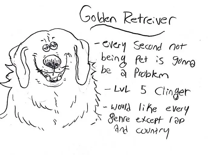 A hand drawn face of a Golden Retriever with hand written - Gold Retriever- every second not being pet is gonna be a problem, lvl5 clinger, would like every genre except rap and country