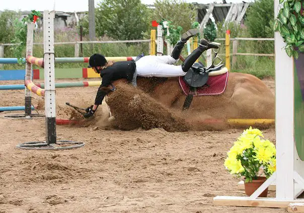 a girl rider falling from her horse