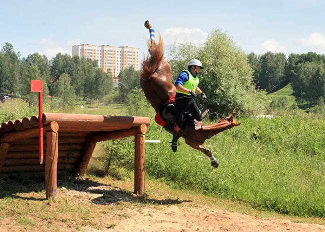 man falling from a jumping horse