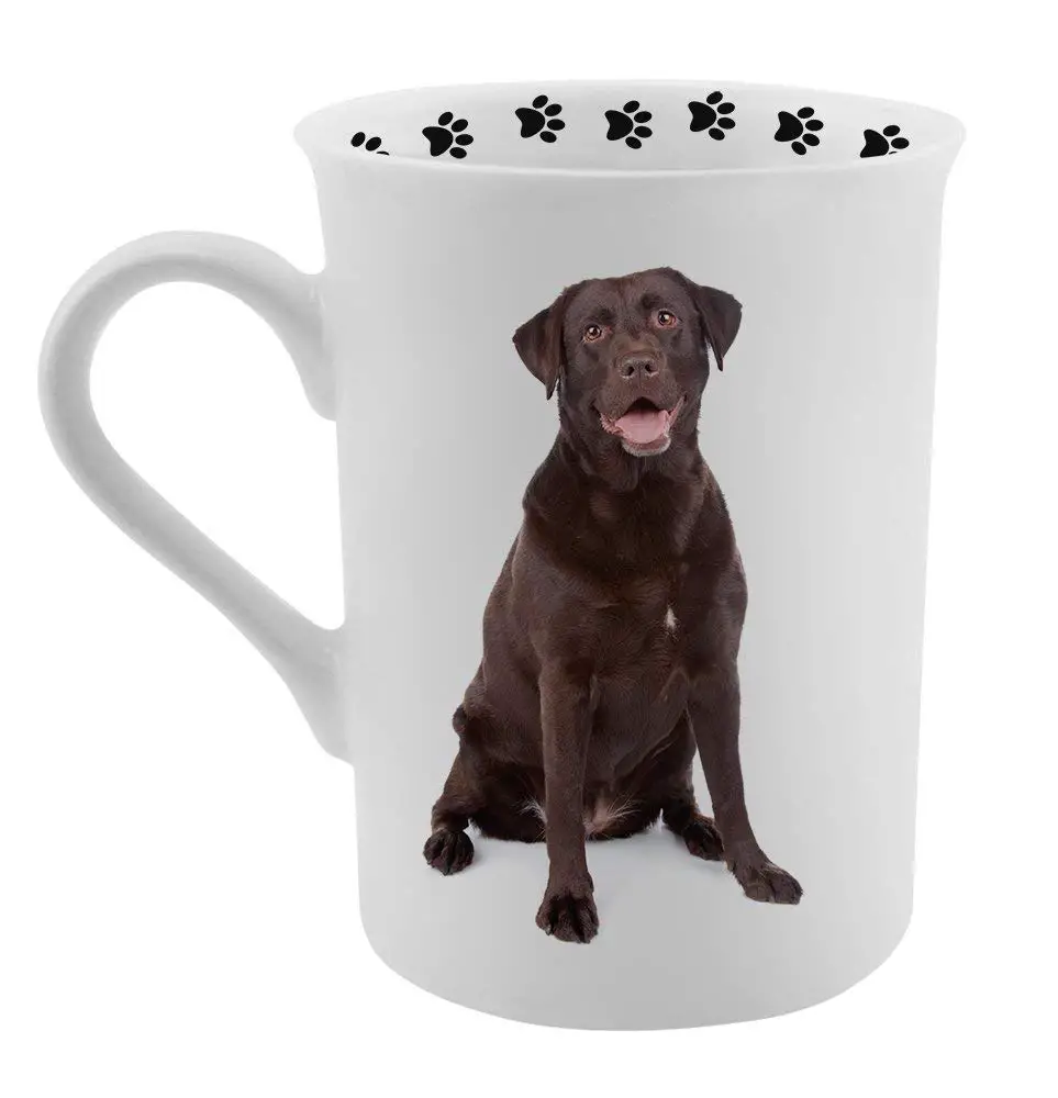A white mug printed with a sitting chocolate brown Labrador Retriever