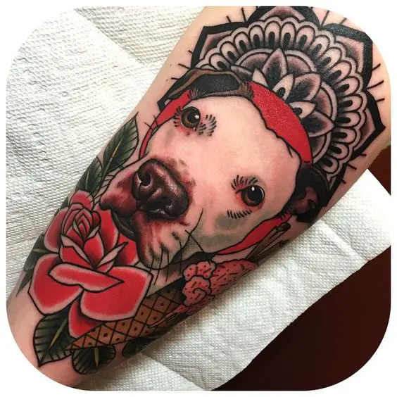 animated face of a white Pit Bull with flowers and mandala background tattoo on the forearm