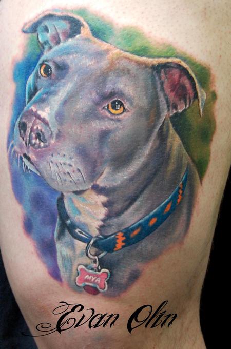 realistic Pit Bull in blue and green background tattoo on thigh
