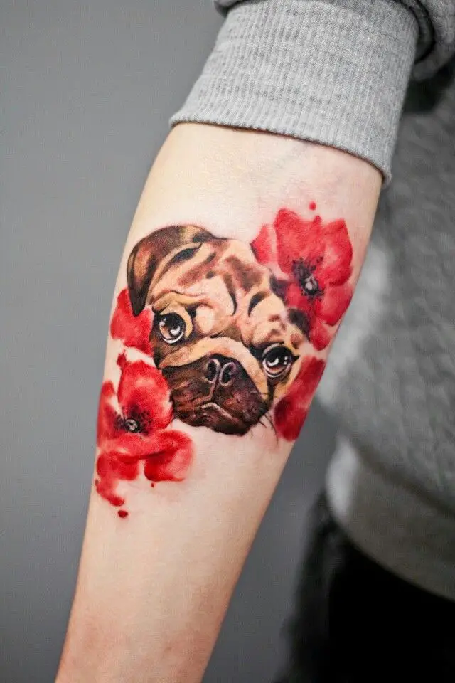 watercolor design of Pug with flowers Tattoo on forearm