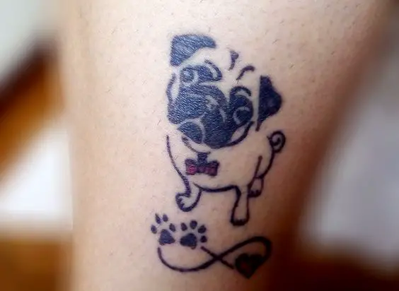 outline of Pug with infinite sign, heart, and paw prints Tattoo the leg