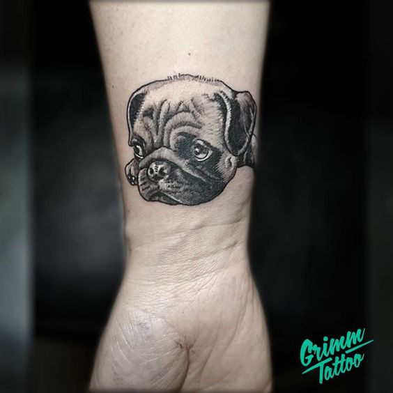 3D face of Pug Tattoo on wrist
