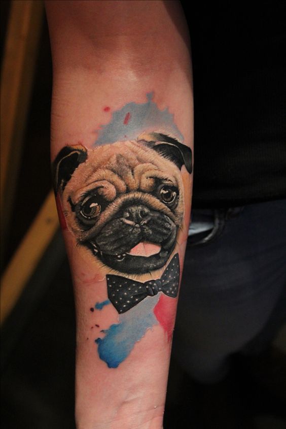 face of Pug with watercolor design Tattoo on forearm