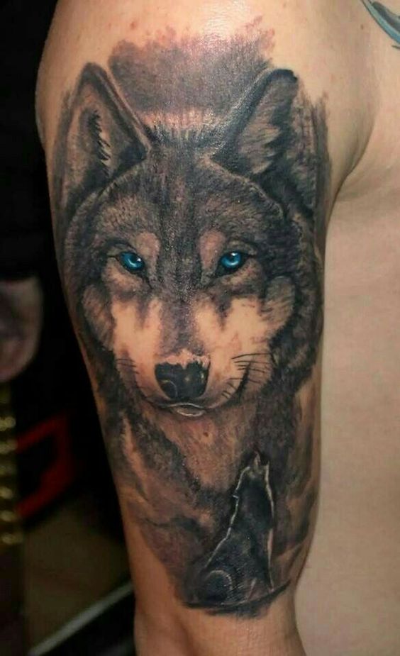 black and gray Great Dane with blue eyes tattoo on the shoulder