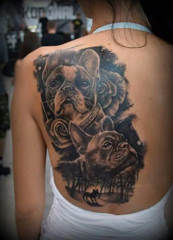 3D French Bulldog Tattoo on the back