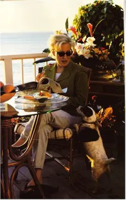 Bette Midler sitting on the chair while looking at her Jack Russell Terrier begging for food