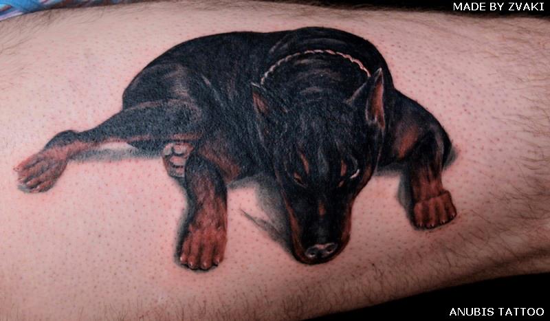 3D lying down Doberman puppy tattoo on the leg