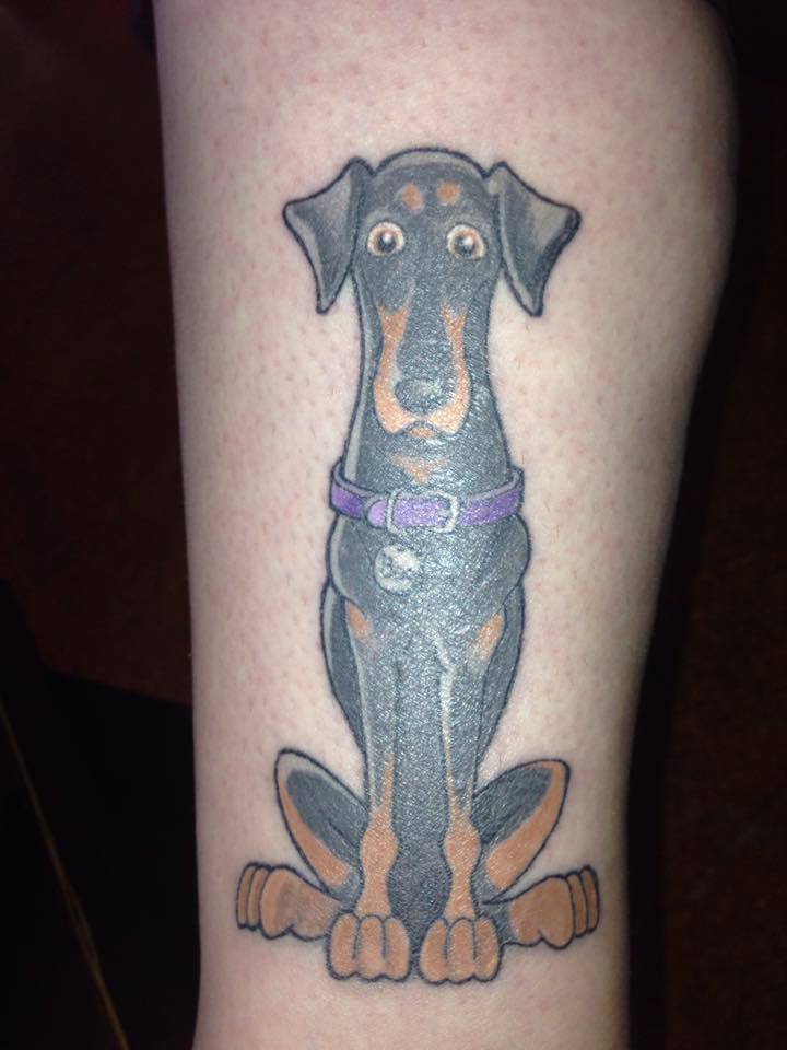 animated sitting Doberman with black and brown colors tatto