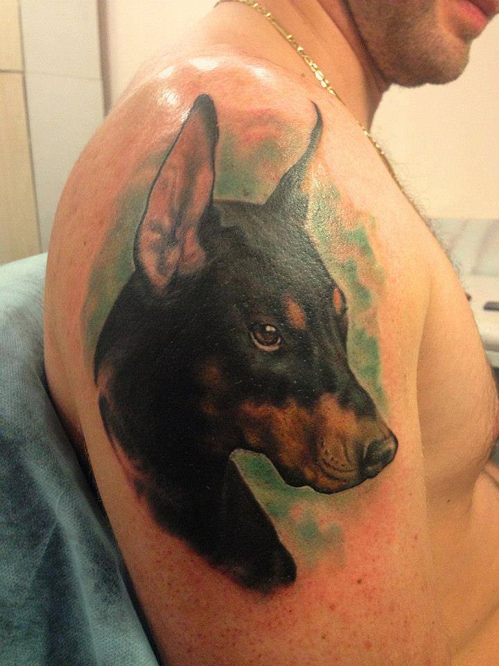 sideview head of a realistic Doberman with green background tattoo on the shoulder