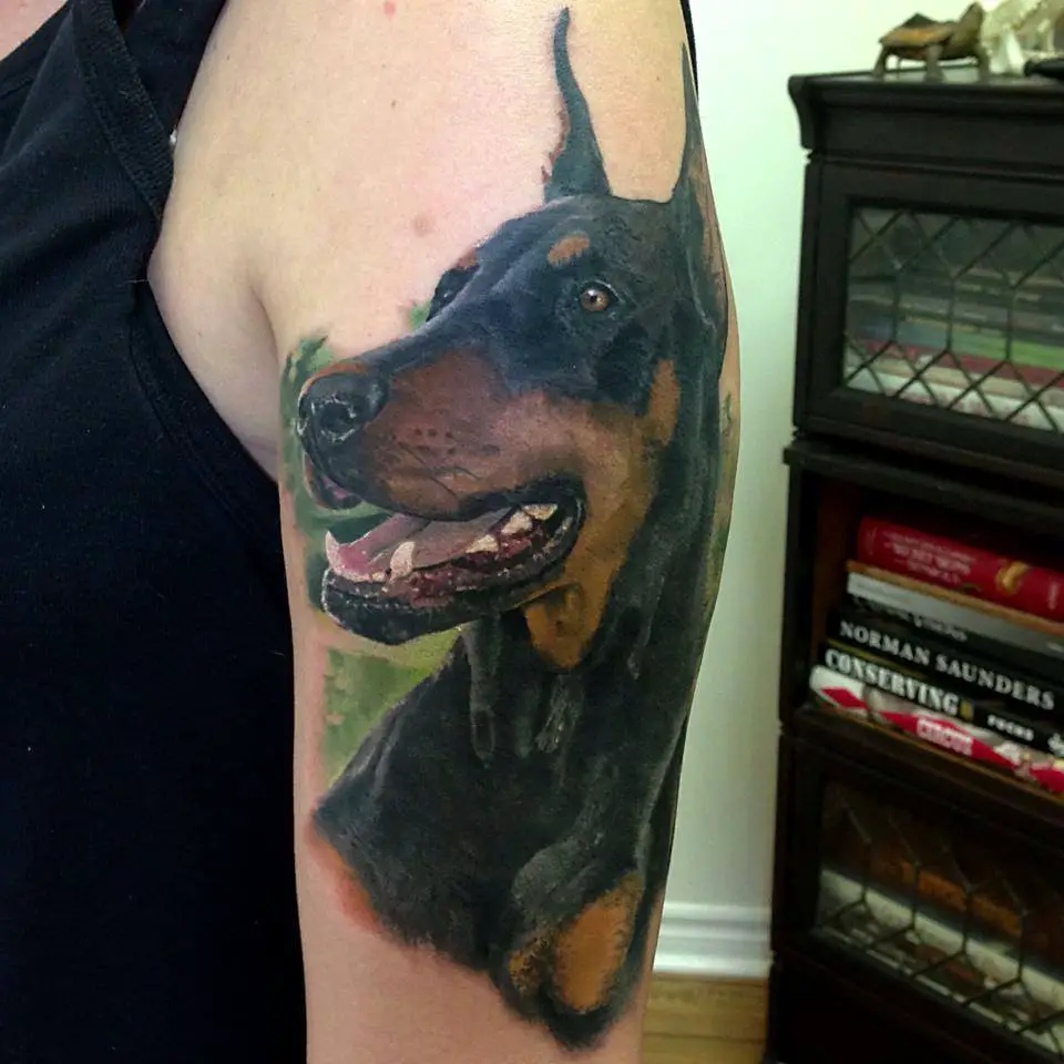realistic Doberman looking sideways tattoo on the shoulder