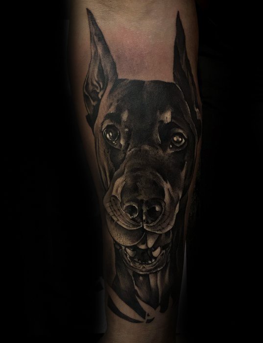black and white Doberman face tattoo on the forearm