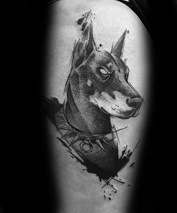 sketch sideview head of a Doberman wearing a thorn collar tattoo on thigh