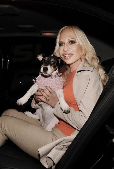 Donatella Versace inside the car with her Jack Russell Terrier in her lap