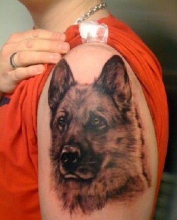 3D face of a German Shepherd Dog Tattoo on the shoulder
