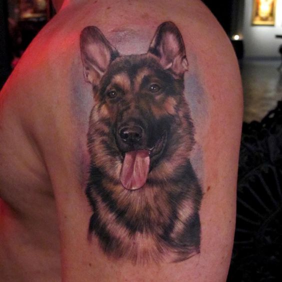 German Shepherd Dog with its tongue sticking out Tattoo on the shoulder