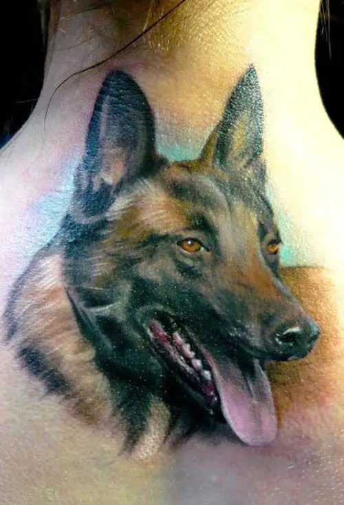 face of a German Shepherd Dog Tattoo on the back
