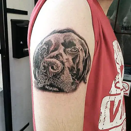 3D black Labrador tattoo on the shoulder