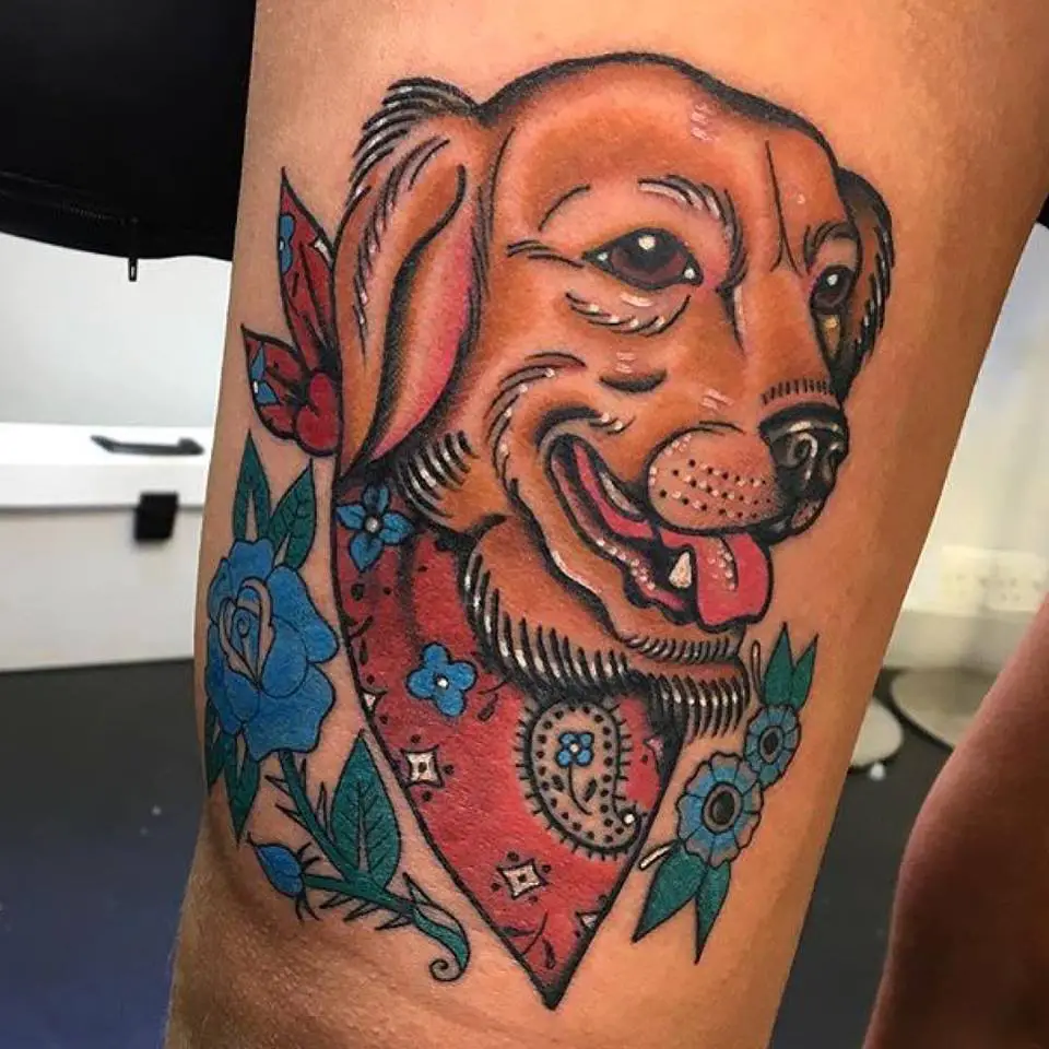 animated Labrador wearing a red mandala designed scarf and flowers and leaves tattoo