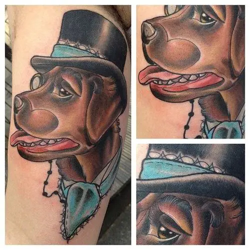 animated brown Labrador wearing a hat, scarf, and one eye glass tattoo