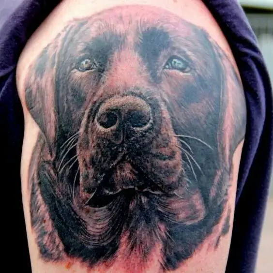 3D face of a black Labrador tattoo on the shoulder