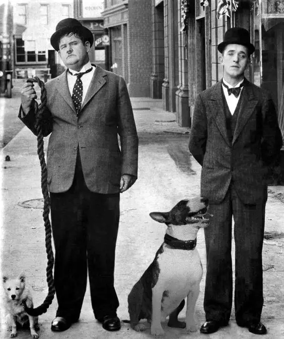 black and white photo of Laurel and Hardy in the street with a English Bull Terrier 