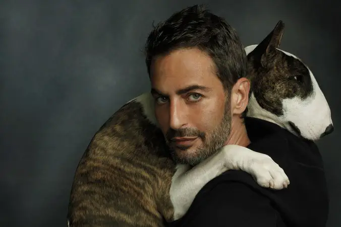 Marc Jacobs with an English Bull Terrier in his shoulder
