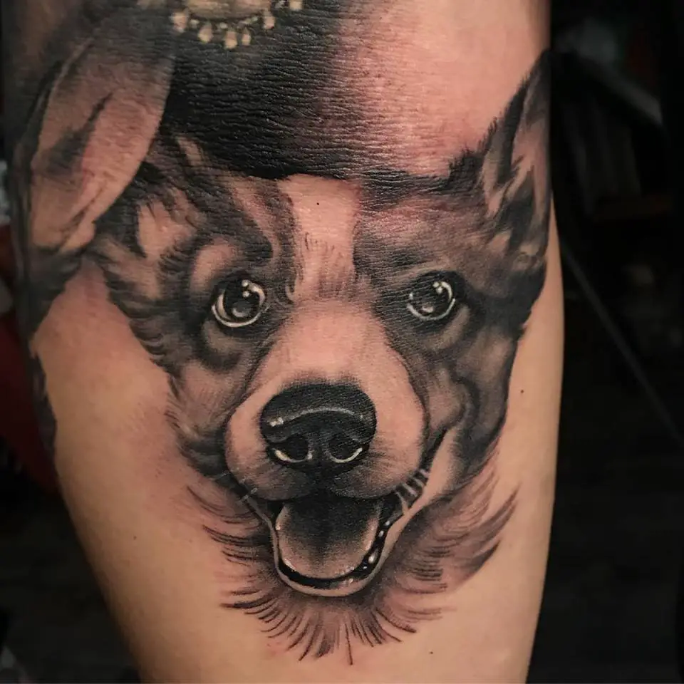 black and gray happy face of a corgi tattoo on the leg