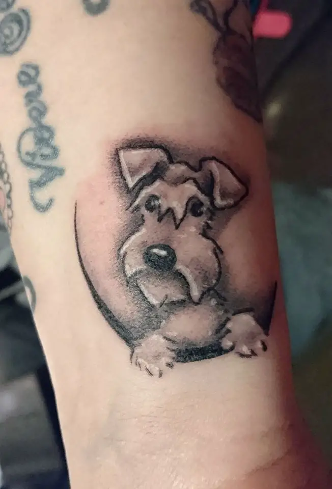 3D outline face of Schnauzer tattoo on biceps