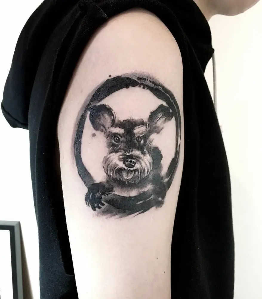 Schnauzer with its tongue out inside a black circle tattoo on the shoulder