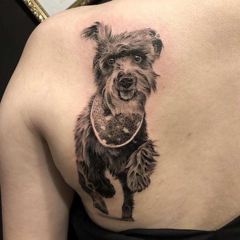 running Schnauzer tattoo on the back