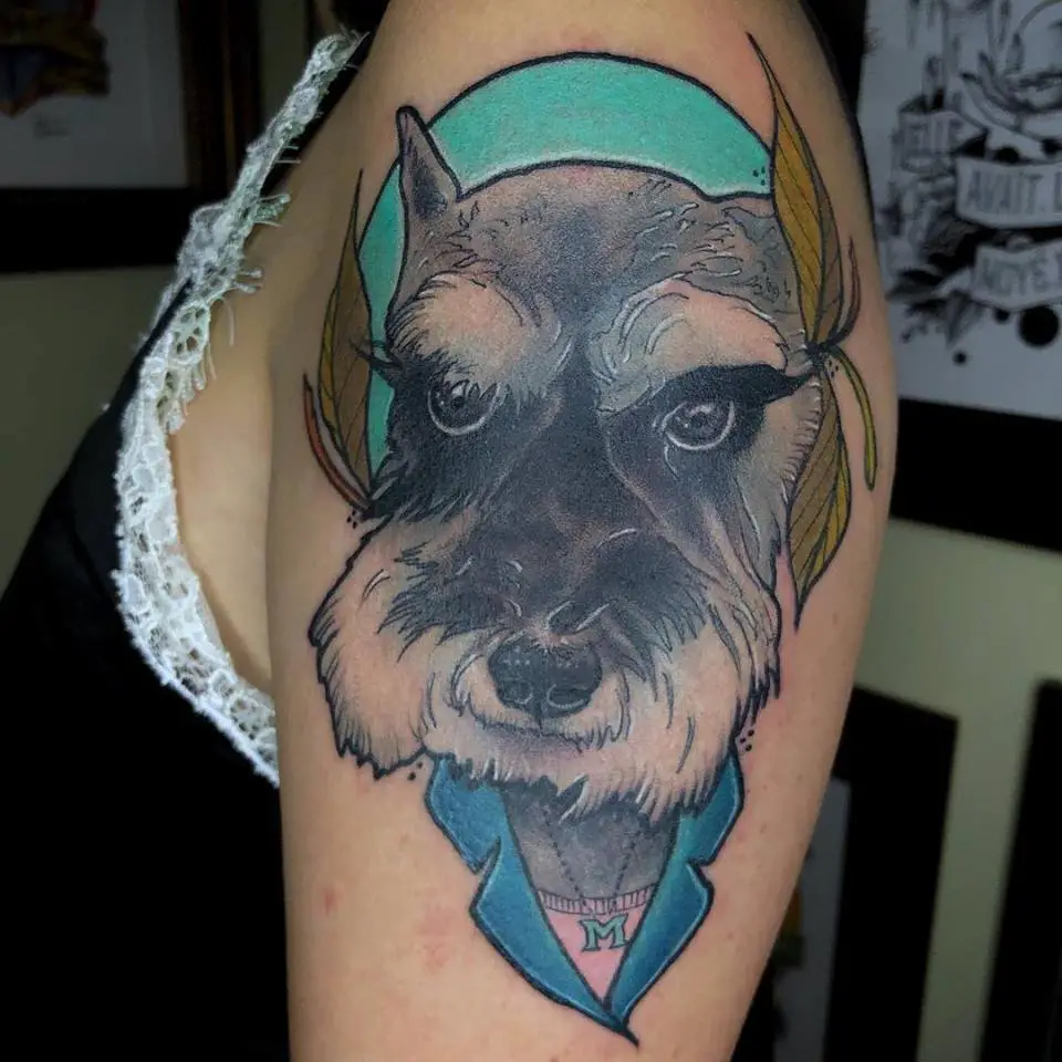 furious face of Schnauzer tattoo on the shoulder