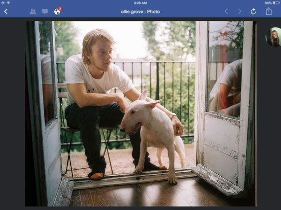 Alfie Allen in the balcony with his English Bull Terrier