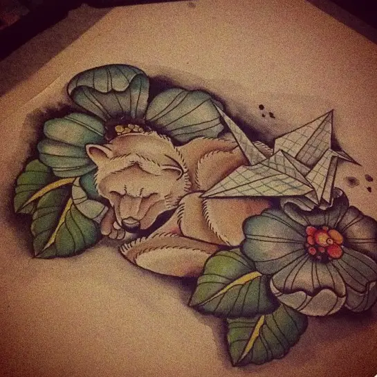 Akita Inu sleeping in flowers with an origami on top of him Tattoo