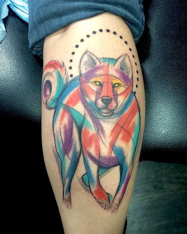 colorful sketched Akita Inu Tattoo on the forearm