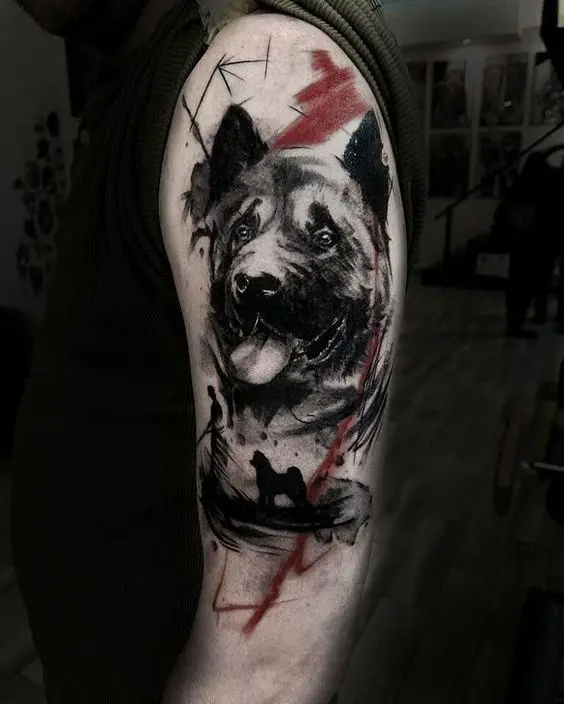 3D face of Akita Inu on top and a silhouette of a man standing on a boat with an Akta Inu behind him Tattoo on the shoulder
