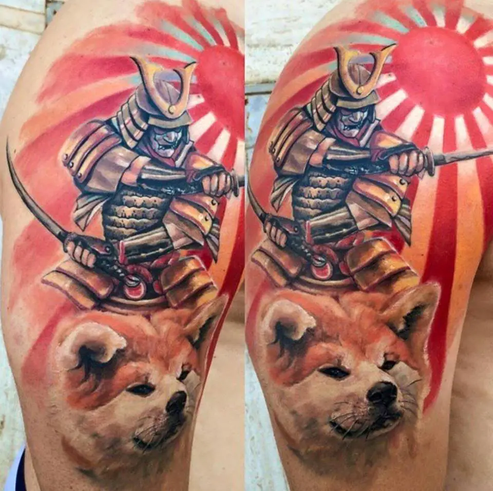 face of Akita Inu with a japanese warrior on top Tattoo on the shoulder