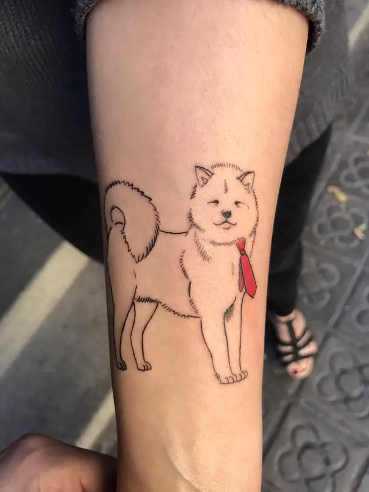 outline minimalist Akita Inu wearing a red necktie Tattoo on the forearm